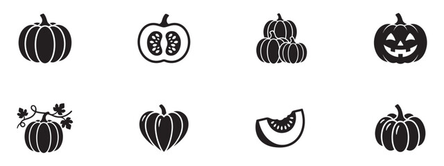 Pumpkin and autumn harvest icon set. Halloween, Thanksgiving and farm food symbols. Vector Illustration. © Roberto_Caravelli