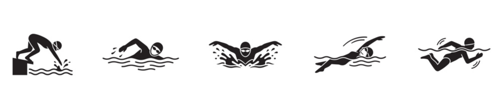 Swimming strokes and pool competition icon set. Sport swimmer, freestyle, butterfly, and backstroke symbols. Vector Illustration.