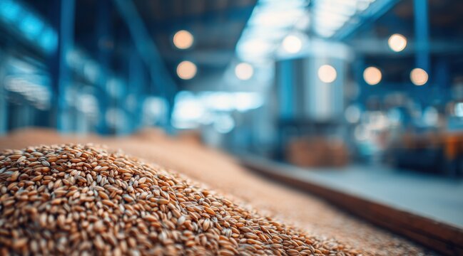 close up of malt grain heap in brewery facility