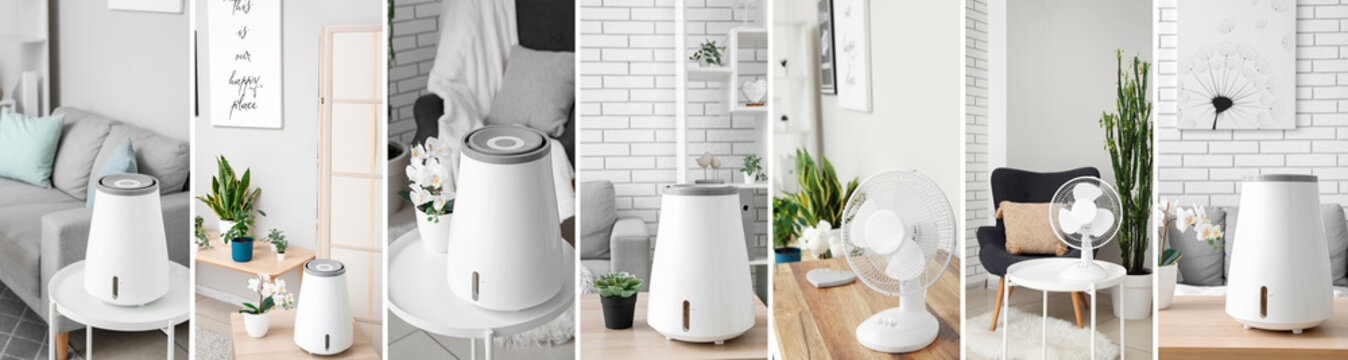 Collage with modern air humidifiers and electric fans in room