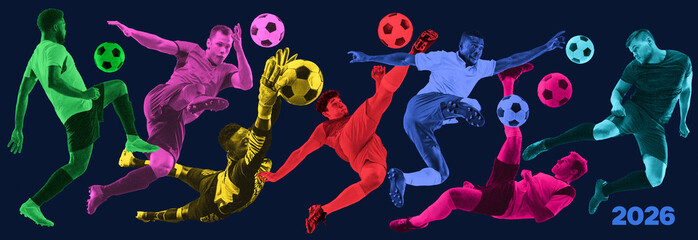 Naklejka premium Neon soccer players collage with balls and 2026 text on dark banner. Concept of football tournament promo, panoramic fan header, sports campaign, match advertising and energetic event design.