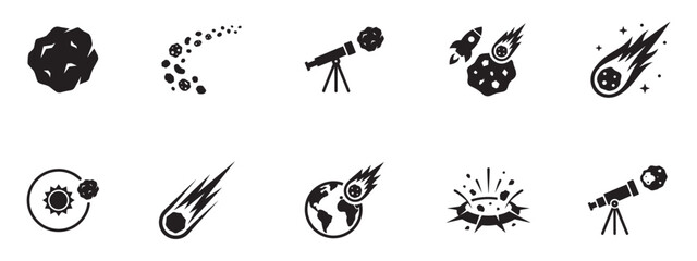 Asteroid, meteor and space exploration icon set. Comet, telescope and galaxy impact symbols. Vector Illustration. © Roberto_Caravelli