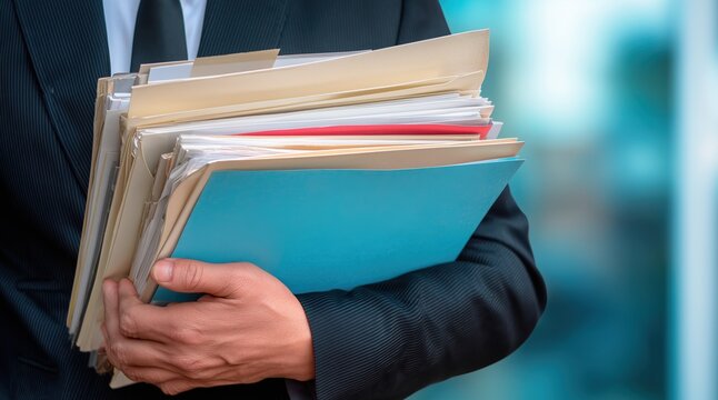 Person in suit carrying thick stack of document folders