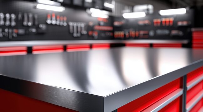 Metal workbench surface in professional workshop with organized tools in background