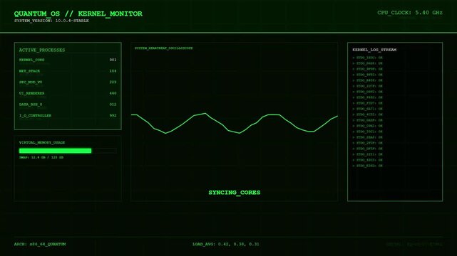 Futuristic Quantum OS Kernel Monitor HUD with Green Digital System Heartbeat Oscilloscope and Active Processes Analytics Interface.