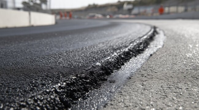 Close up of fresh asphalt texture on racetrack corner