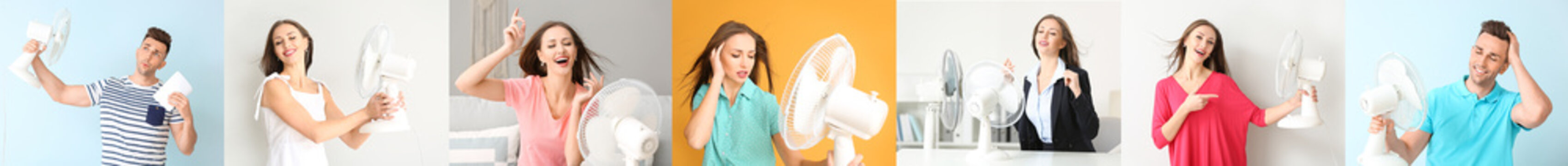 Collage of people with modern electric fans