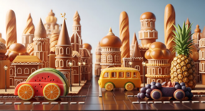 Fantasy city made of bread with fruits and toy bus on track transparent background