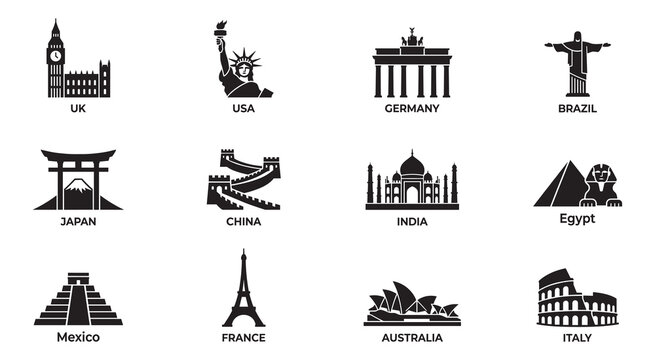 Famous world landmarks and travel destinations icon set. Global tourism, architecture and historical monuments symbols. Vector Illustration.