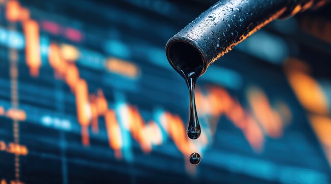 Crude oil dripping from fuel nozzle on background of falling stock market chart