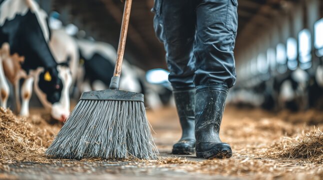 low angle shot of farmer sweeping barn floor near cows in shed