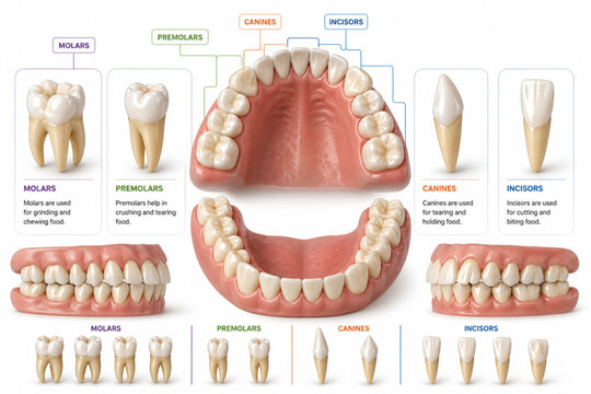 The image is a comprehensive educational infographic of human dentition. It displays the upper and lower dental arches with labeled categories for molars, premolars, canines, 
