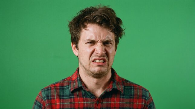 Disgusted young man in plaid shirt making a face and looking away with repulsion on green screen background for bad odor reactions food taste tests and comedy digital content creation