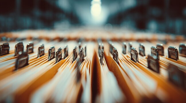 Close up of yellow file folders with metal clips arranged in rows