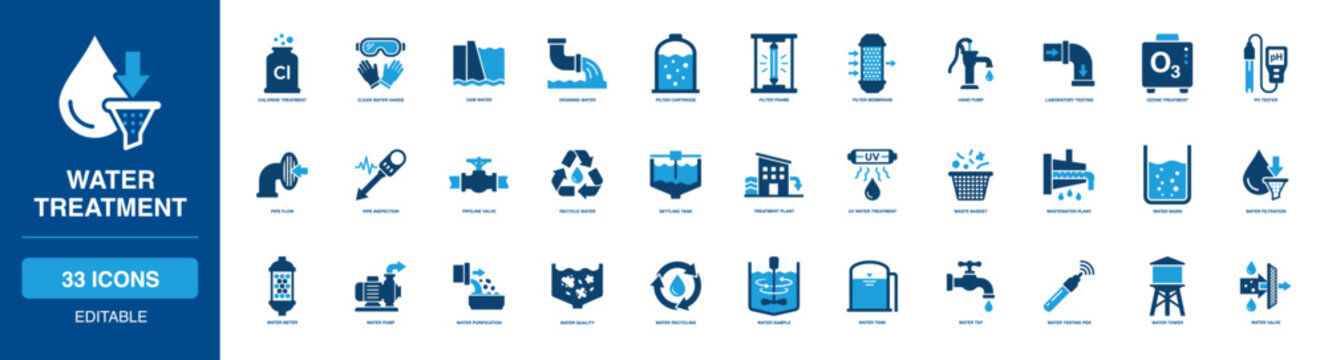 Water Treatment and Purification Solid Icon Set Featuring Chlorine Filter, Hand Pump, Laboratory Testing Equipment, Ozone Flow Pipeline, Recycle Basin, Tank, Tap, Meter, Wastewater