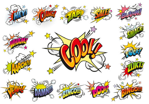 Comic pop art sound effect vector speech bubbles explode with words cool or hey zap, smack and bingo surrounded by motion streaks. Comic speech bubbles burst or spark shapes of wham and damn sound