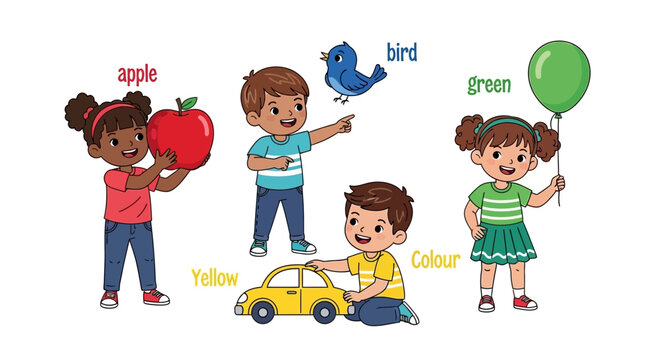 Children Learning Colors and Objects: Apple, Bird, Car, Balloon