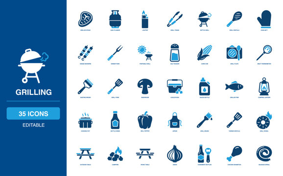 BBQ Outdoors and Grilling Solid Icon Set Preparing Steak Cylinder Lighter Tongs Kettle Spatula Mitt Skewer Thermometer Basting Brush Mushroom Sauce Campfire Picnic Onion Sausage Corn Plate