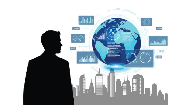 A dark human profile observes a large glowing holographic earth surrounded by various technical data widgets hovering above a gray-toned urban skyline silhouette.