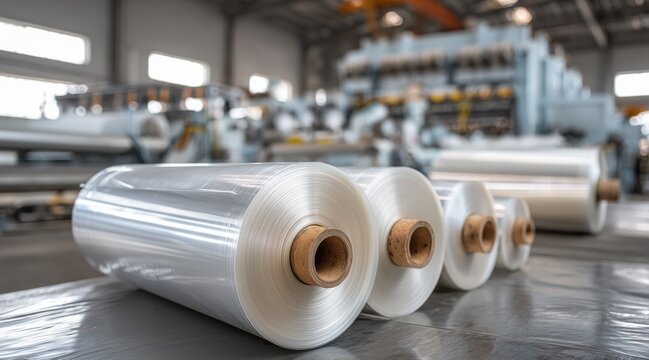 Industrial rolls of transparent stretch wrap film in manufacturing plant