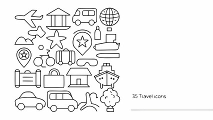 Naklejka premium Set of travel icons, thin line style, vector illustration, collection of transportation, tourism and vacation symbols