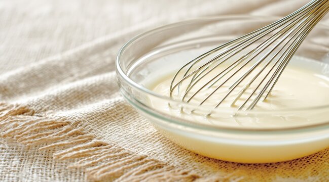 Metal whisk in glass bowl with cream batter on beige fabric
