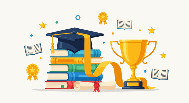 Graduation Cap, Books, Trophy, Diploma: Education Achievement and Success Concept