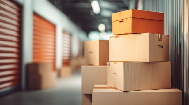 Cardboard boxes stacked in storage unit facility hallway