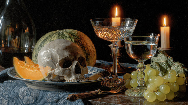 Professional Flemish vanitas with skull dark grapes candle and crystal goblet in dark art