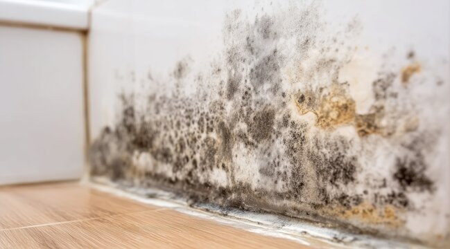 Black mold on bathroom wall near floor
