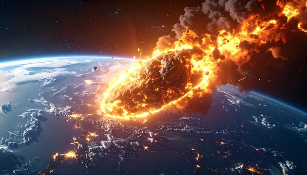 Dramatic view of celestial object colliding with Earth, generating intense fire and debris