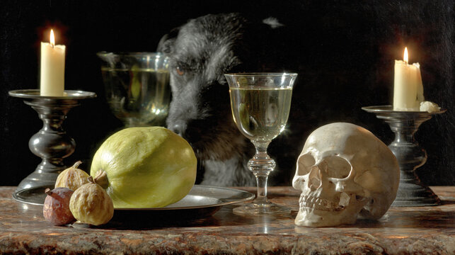 Baroque skull with white candle green melon and crystal goblet in Flemish vanitas art