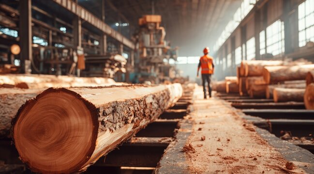 Wooden log on conveyor belt in sawmill factory with worker walking in background
