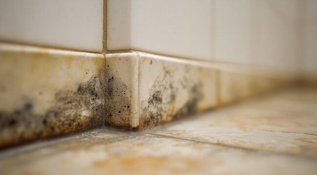Black mold and mildew on bathroom tiles in corner