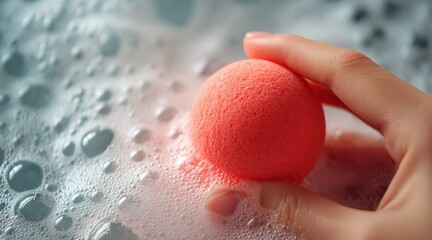 Fototapeta premium hand holding pink bath bomb in soapy water with foam and bubbles