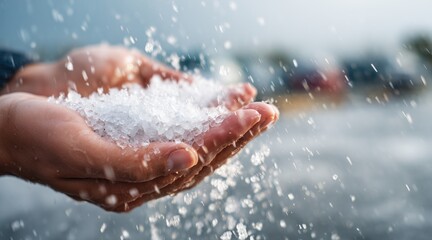 Fototapeta premium hands holding heap of hailstones during heavy hailstorm