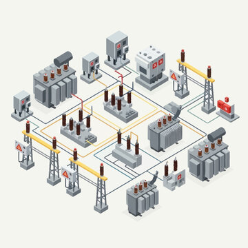 Isometric illustration of electrical power distribution infrastructure.