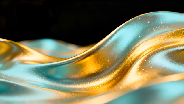 Luxury abstract liquid metal waves with golden glitter and turquoise silk texture
