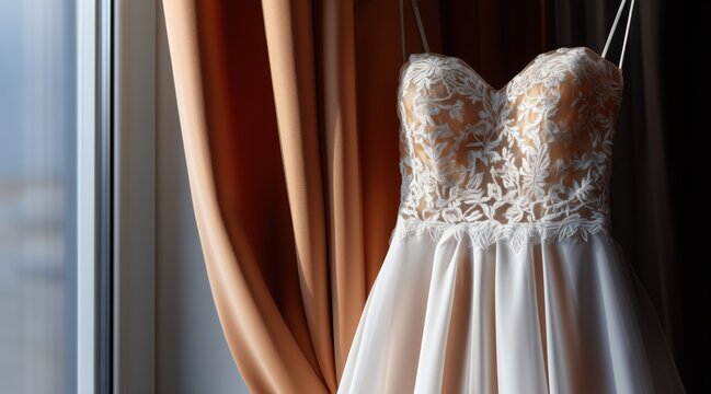White wedding dress with lace bodice hanging in front of curtains