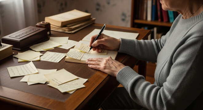 Senior person writing and organizing notes and documents on a classic wooden desk, surrounded by books, preserving personal history and cherished memories