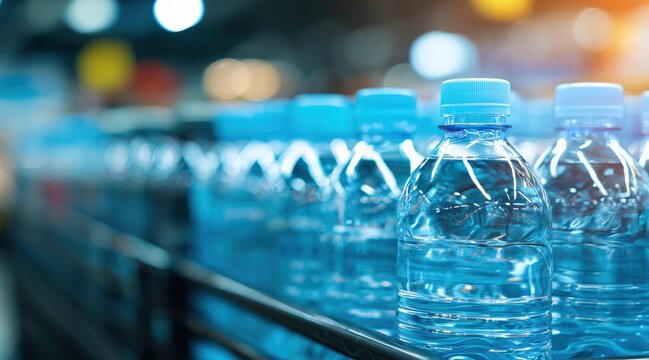 Row of plastic water bottles with blue caps on store shelf