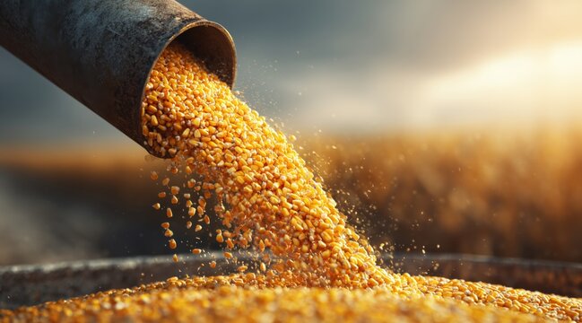 Corn kernels pouring from metal pipe during harvest in golden light