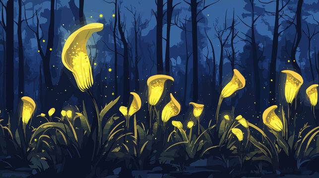 Digital painting of a forest at night with glowing yellow flowers and fireflies, surreal and magical