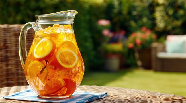 Refreshing iced tea in glass pitcher with orange slices on garden table