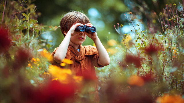 Funny, curious young boy looking to binocular outside in nature
