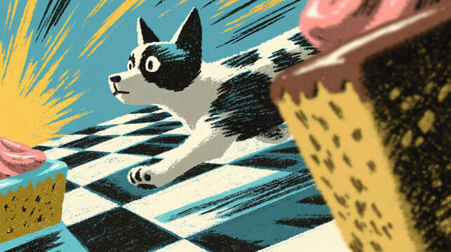 Cat and dog in comic dessert heist with yellow explosion on chocolate teal checkerboard