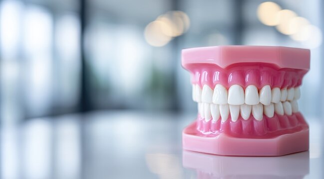 Dental model with white teeth and pink gums on table with copy space