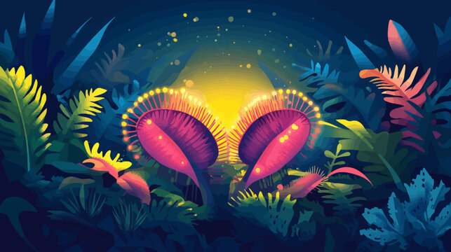 A stylized illustration depicting a Venus flytrap and other plants in a dark, vibrant jungle environment