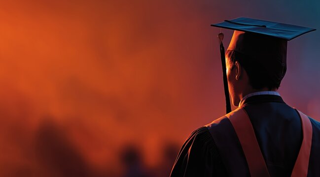 Rear view of male graduate student wearing academic cap and gown against orange background