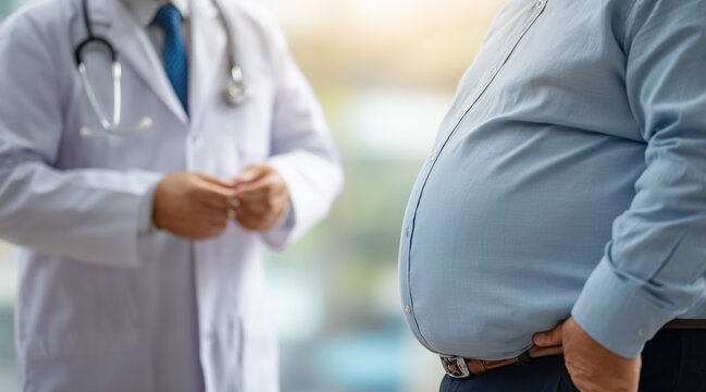 close up of overweight man standing in front of doctor in hospital